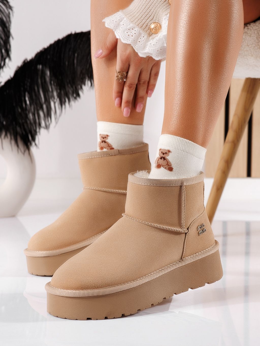 Дамски къси чизми подплатени с пух тип UGG каки от обърната естествена кожа Gloria #30630