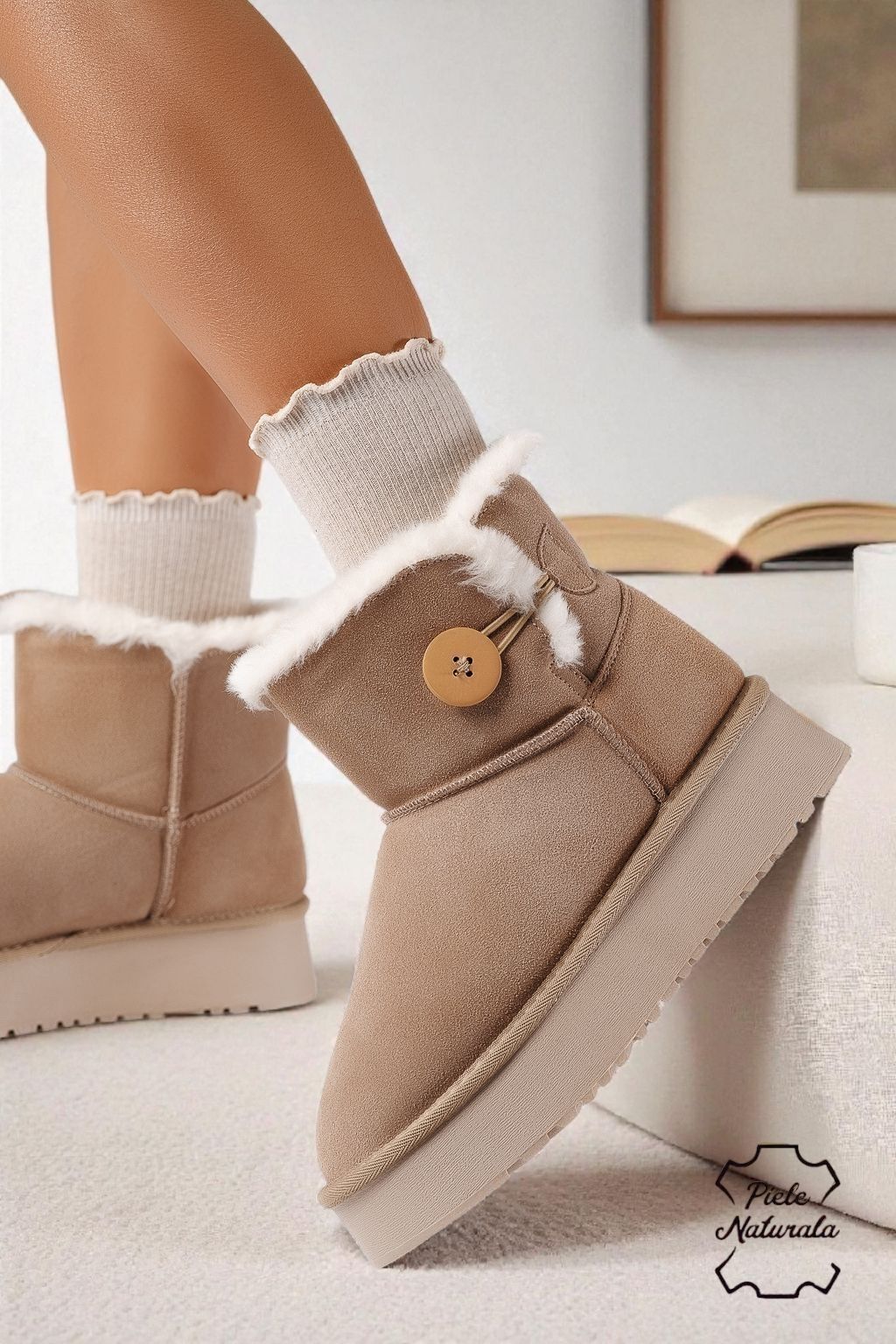 Дамски къси чизми подплатени с пух тип UGG каки от обърната естествена кожа Larisa #30758