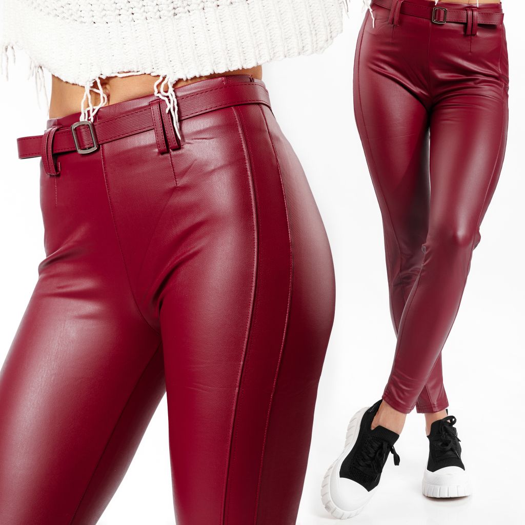 Дамски панталон от еко кожа Ava бордо #A92