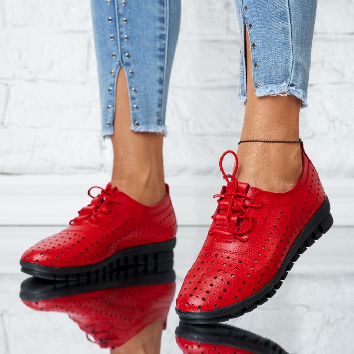 Дамски обувки от естествена кожа с перфорации Side червени #13868