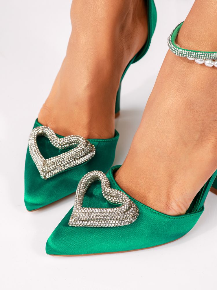 Дамски обувки с ток зелени от сатен Ezra #18418