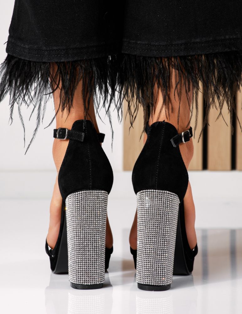 Дамски сандали с ток черни от обърната еко кожа Fury #18600