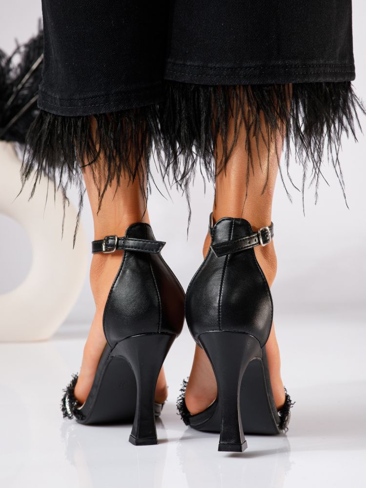 Дамски сандали с ток черни от еко кожа Nori #18985
