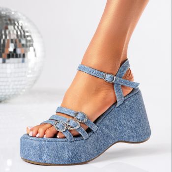 Дамски сандали с платформа сини от текстилен материал Natasa #19395