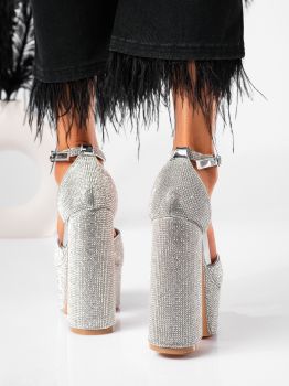 Дамски сандали с ток сребристи от еко кожа Adnana #19463