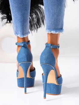 Дамски сандали с ток сини от текстилен материал Azelia #19476