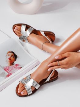 Дамски сандали с ниска подметка сребристи от еко кожа Elisa #19863