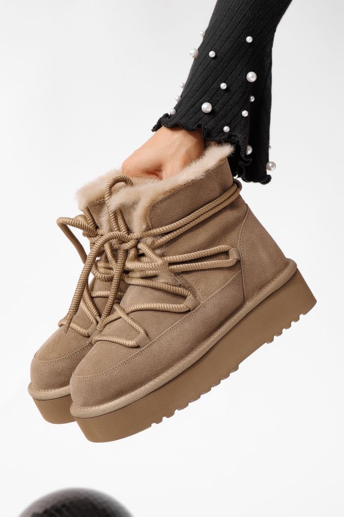 Къси дамски чизми подплатени с пух тип UGG каки от обърната естествена кожа Evelina #22696