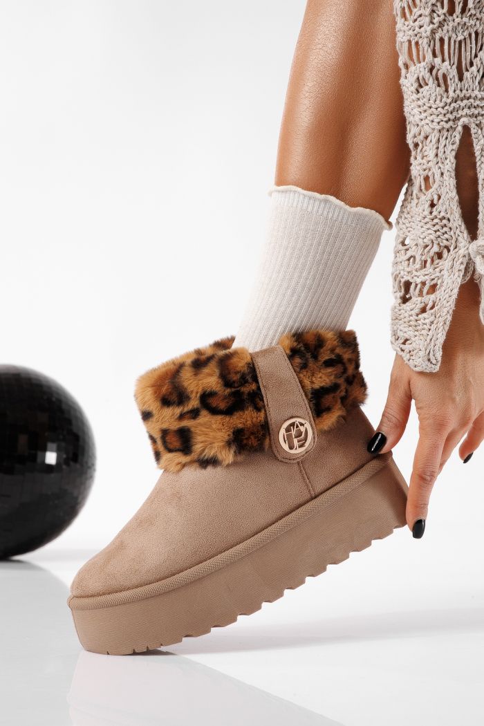 Ниски дамски чизми подплатени с пух тип UGG каки от обърната еко кожа Beatrice#22760