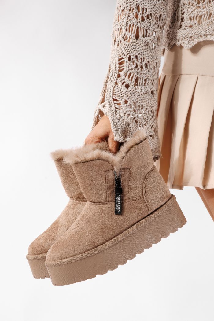 Ниски дамски чизми подплатени с пух тип UGG каки от обърната еко кожа Antonia #22754
