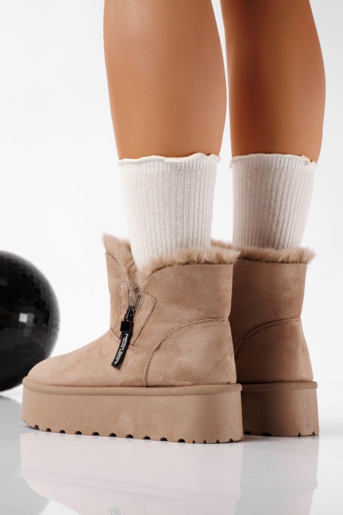 Ниски дамски чизми подплатени с пух тип UGG каки от обърната еко кожа Antonia #22754