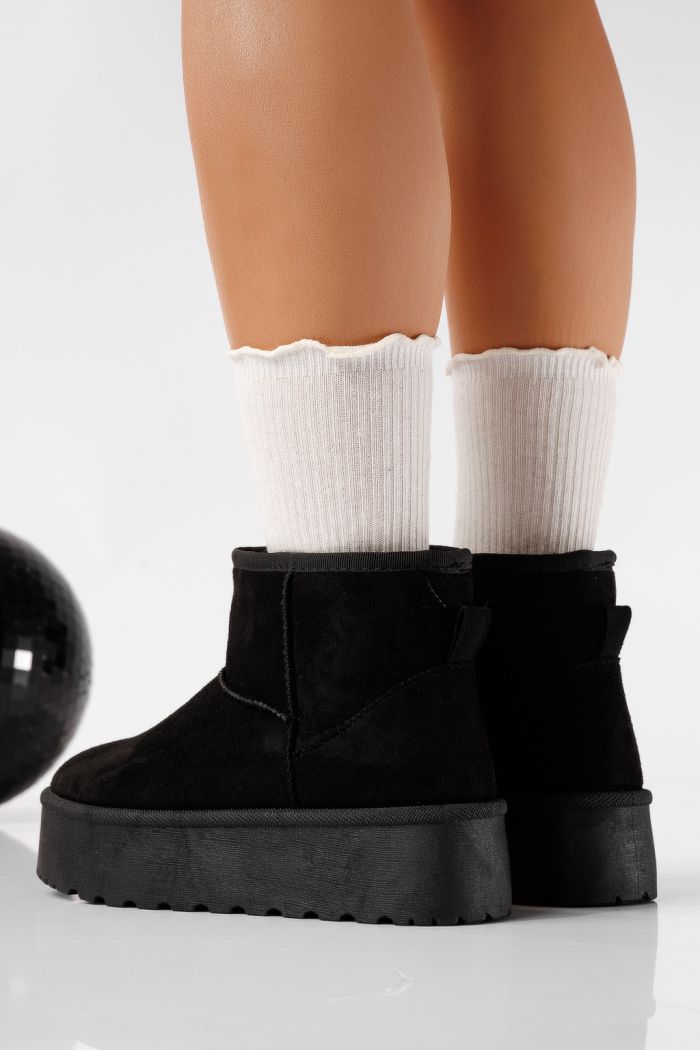 Ниски дамски чизми подплатени с пух тип UGG черни от обърната еко кожа Ariana #22748