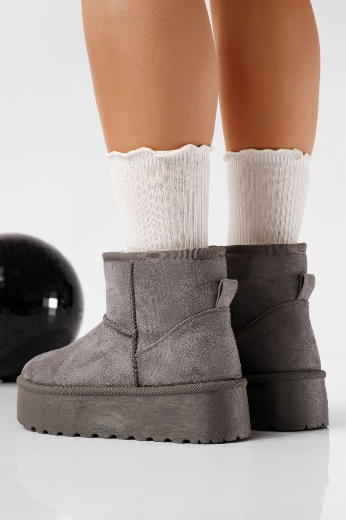 Ниски дамски чизми подплатени с пух тип UGG сиви от обърната еко кожа Ariana #22752
