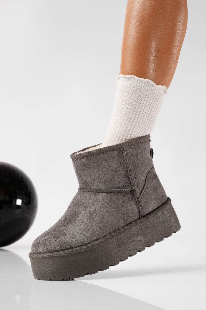Ниски дамски чизми подплатени с пух тип UGG сиви от обърната еко кожа Ariana #22752