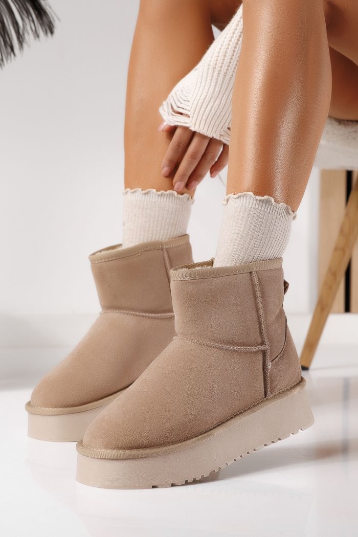 Дамски къси чизми подплатени с пух тип UGG каки от обърната естествена кожа Luiza #22880