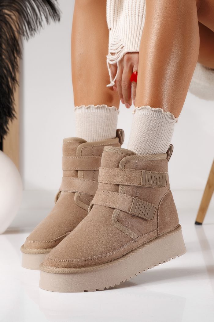 Дамски къси чизми подплатени с пух тип UGG каки от обърната естествена кожа Nicoleta #22881