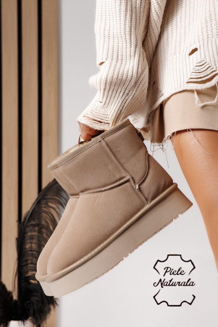 Дамски къси чизми подплатени с пух тип UGG каки от обърната естествена кожа Luiza #22880