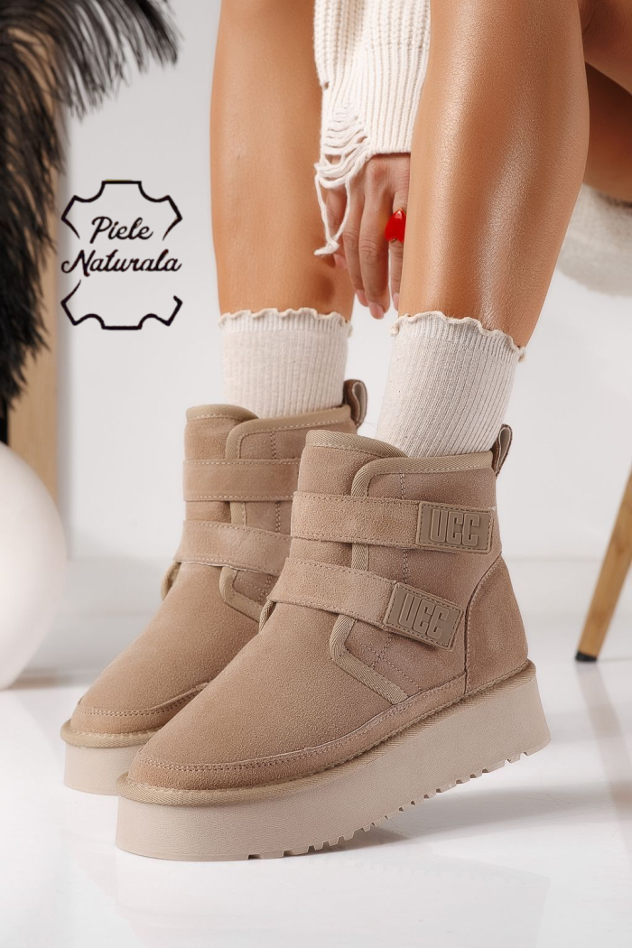 Дамски къси чизми подплатени с пух тип UGG каки от обърната естествена кожа Nicoleta #22881
