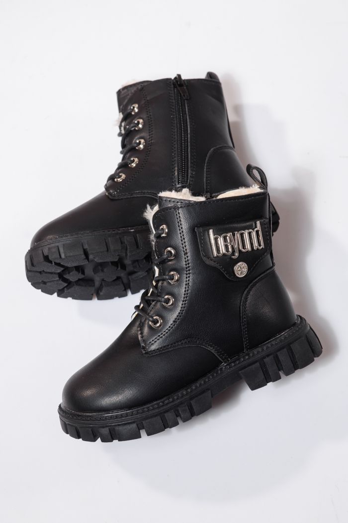 Боти за момичета подплатени с пух черни от еко кожа Milena  #23150