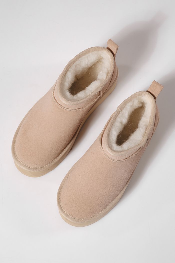 Дамски къси чизми подплатени с пух тип UGG бежови от естествена кожа Zina #23159