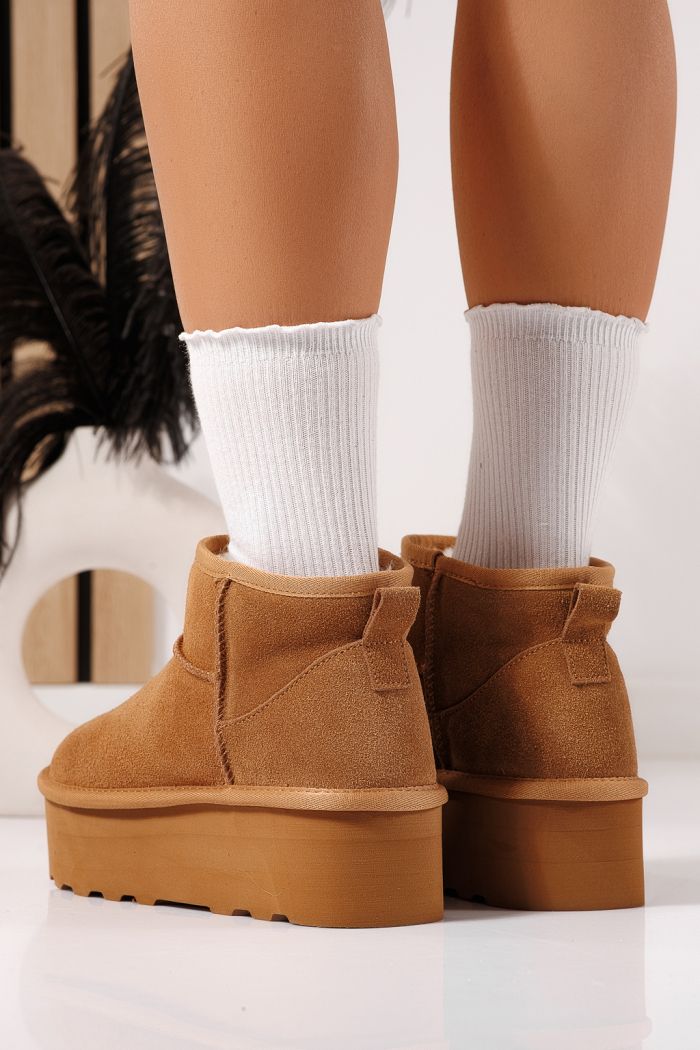 Дамски къси чизми подплатени с пух тип UGG кафяв от естествена кожа Taisa #23156