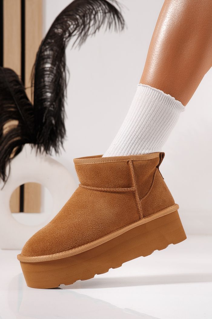 Дамски къси чизми подплатени с пух тип UGG кафяв от естествена кожа Taisa #23156