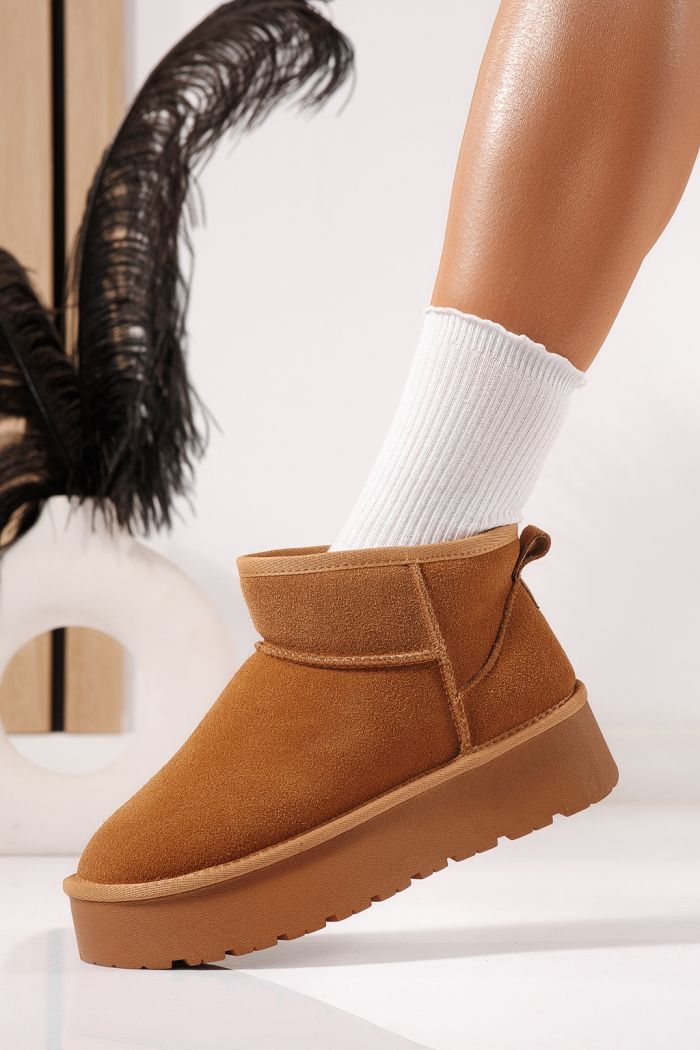 Дамски къси чизми подплатени с пух тип UGG кафяв от обърната естествена кожа Sabina #23155