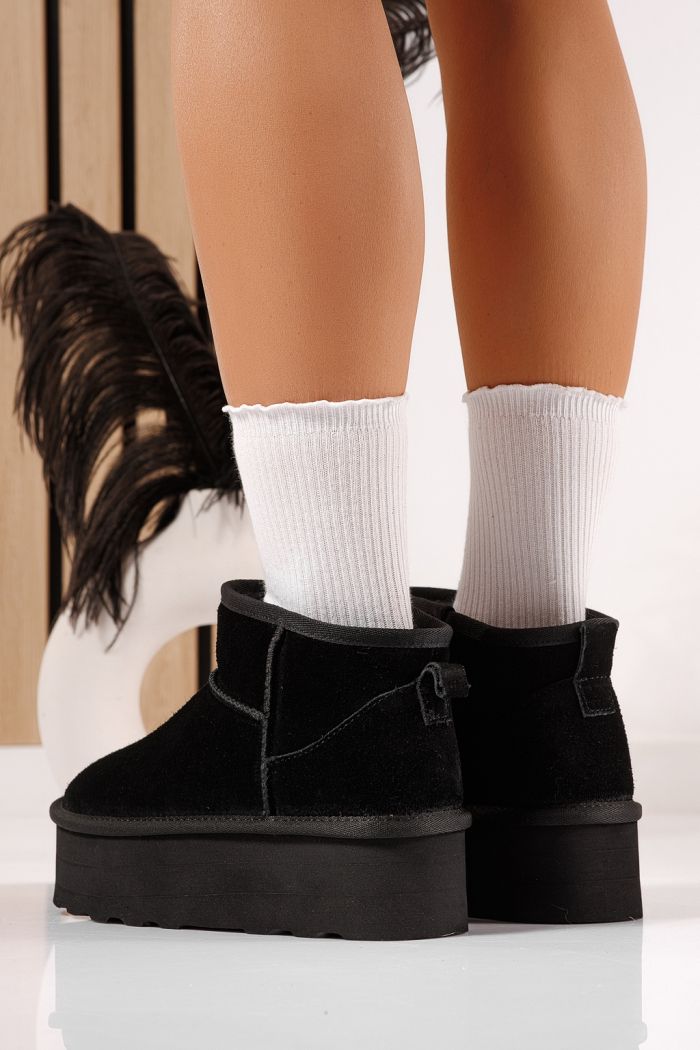 Дамски къси чизми подплатени с пух тип UGG черни от естествена кожа Taisa #23157