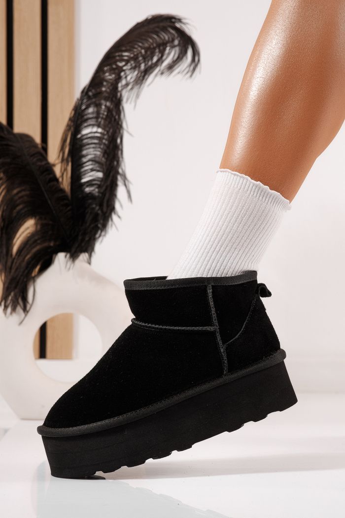 Дамски къси чизми подплатени с пух тип UGG черни от естествена кожа Taisa #23157