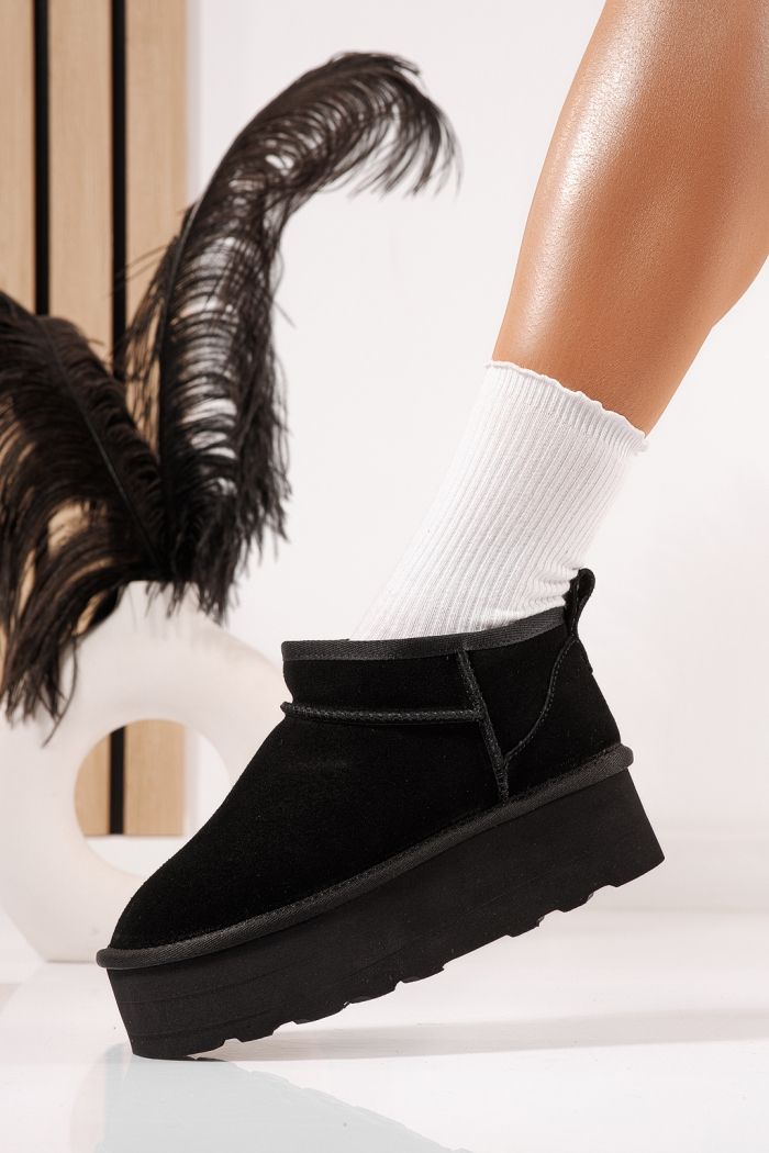 Дамски къси чизми подплатени с пух тип UGG черни от естествена кожа Zina #23158