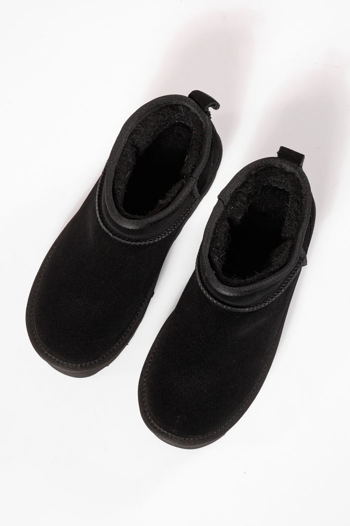 Дамски къси чизми подплатени с пух тип UGG черни от естествена кожа Zina #23158