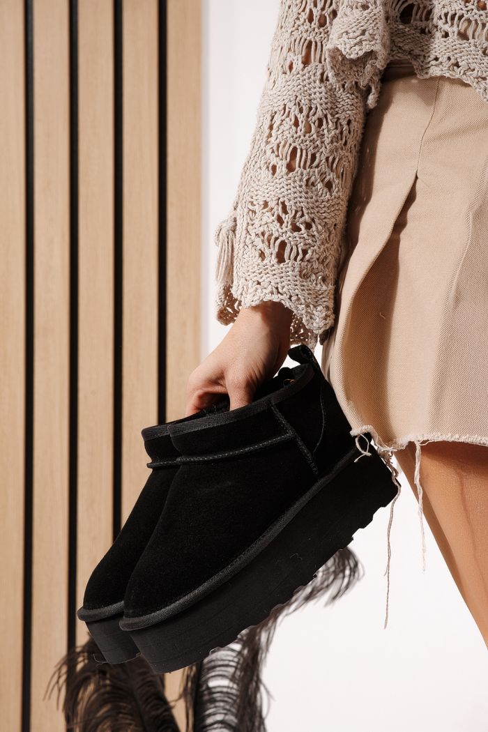 Дамски къси чизми подплатени с пух тип UGG черни от естествена кожа Zina #23158