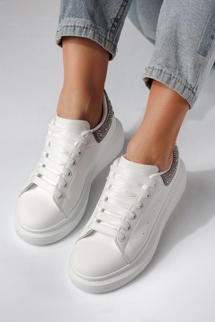 Дамски маратонки бели със сиво от еко кожа Raya #24235