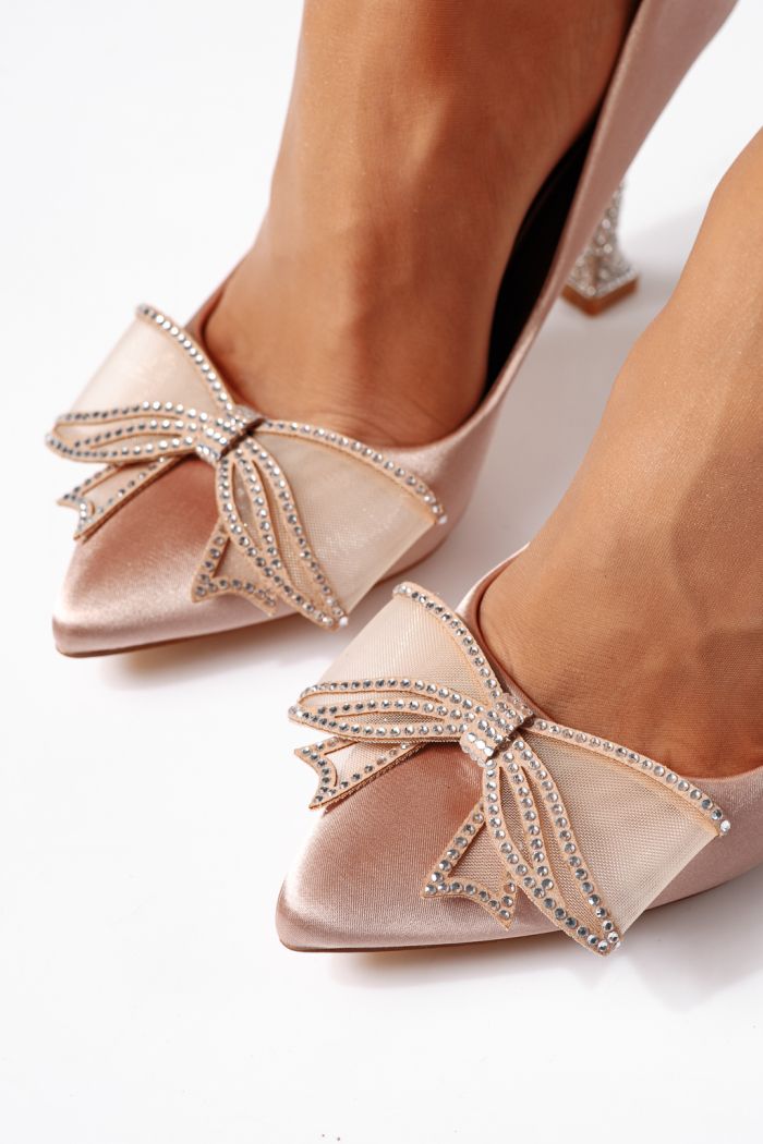 Дамски обувки с ток розово-златисти от сатен Ayala #24428