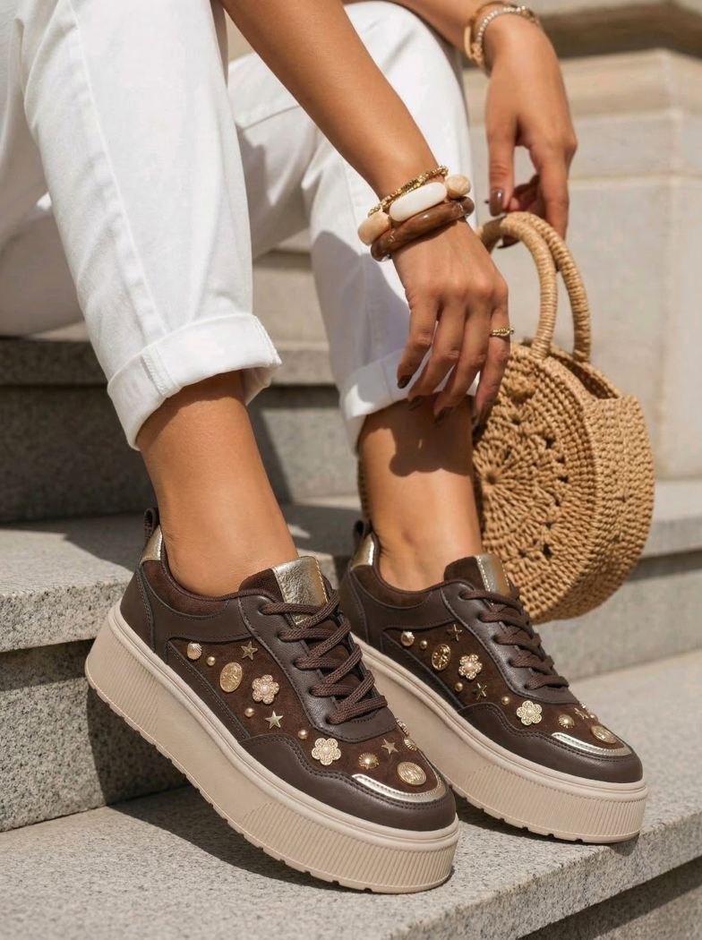 Дамски кафяви велурени екокожени маратонки Diana2 #24599