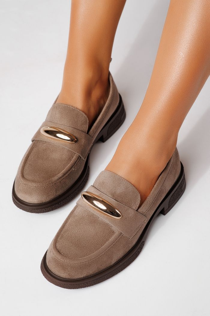 Pantofi casual dama khaki din piele ecologica intoarsa Chiara #24905