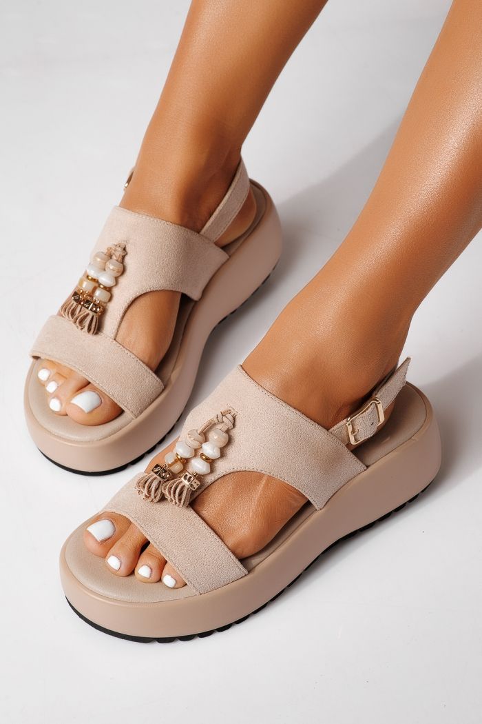 Дамски сандали с платформа бежови от обърната еко кожа Enisa #24762