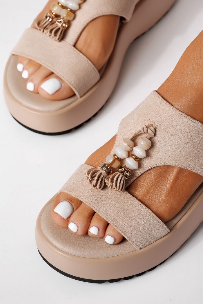 Дамски сандали с платформа бежови от обърната еко кожа Enisa #24762