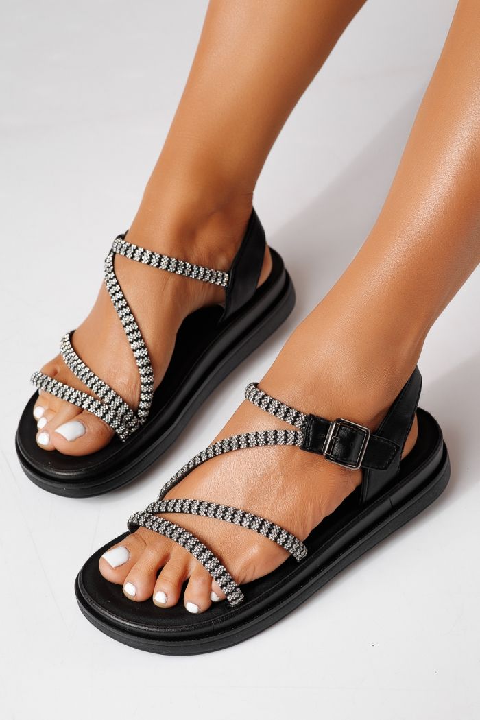 Дамски сандали в ниска подметка черни от еко кожа Noemi #24933