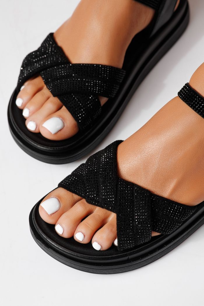 Дамски сандали в ниска подметка черни от еко кожа Aida #24936