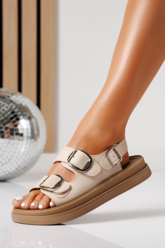 Дамски сандали в ниска подметка бежови от еко кожа Mireya #24931