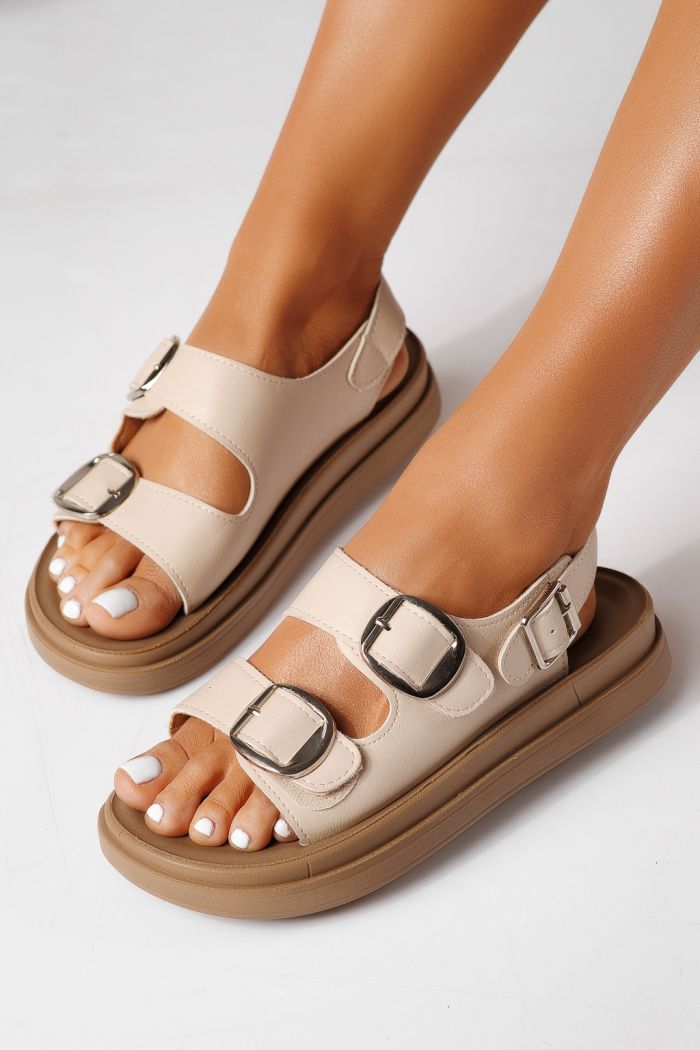 Дамски сандали в ниска подметка бежови от еко кожа Mireya #24931