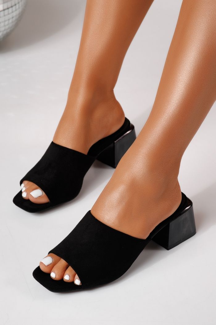 Дамски чехли с ток черни от обърната еко кожа Thalira #24704