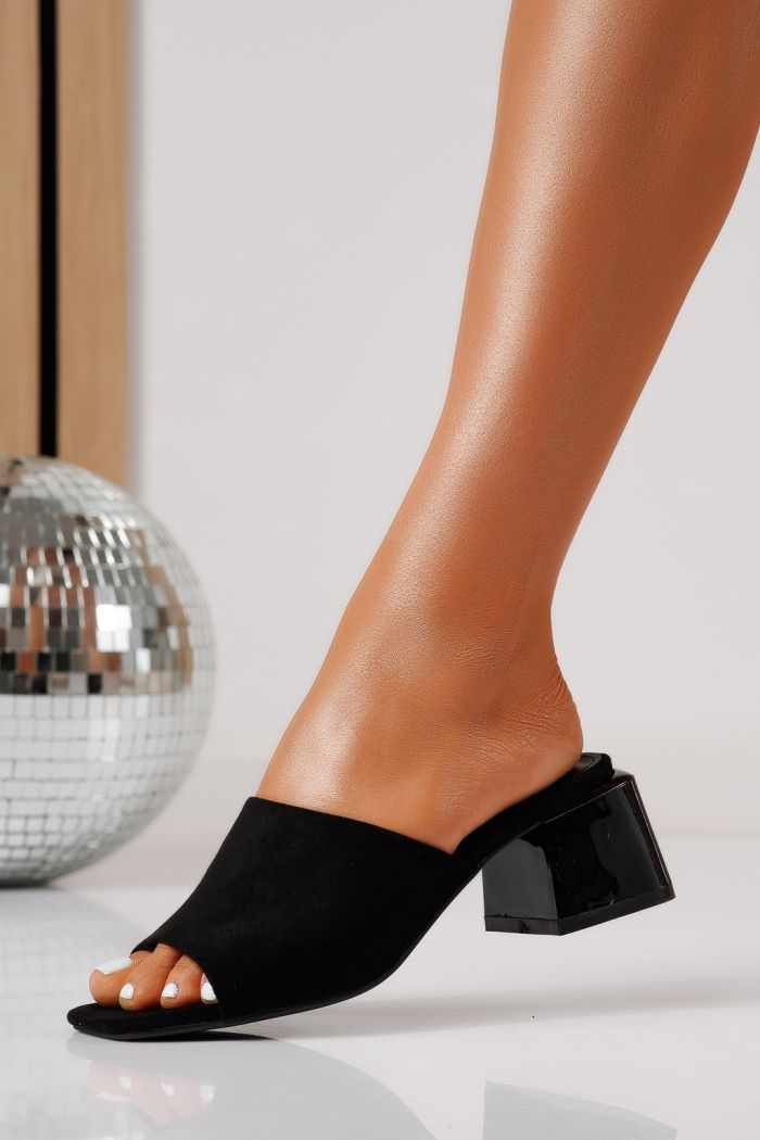 Дамски чехли с ток черни от обърната еко кожа Thalira #24704