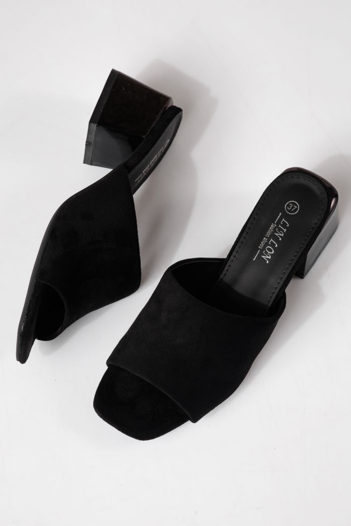 Дамски чехли с ток черни от обърната еко кожа Thalira #24704