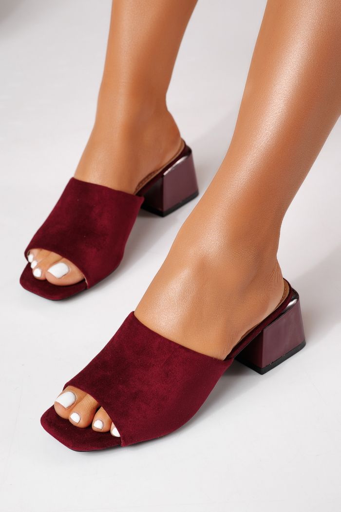 Дамски чехли с ток бордо от обърната еко кожа Thalira #24705