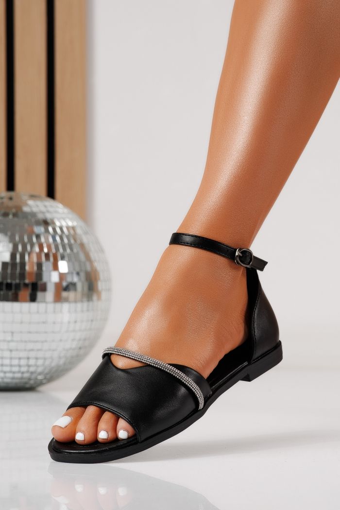 Дамски сандали с ниска подметка черни от еко кожа Aveline  #24710