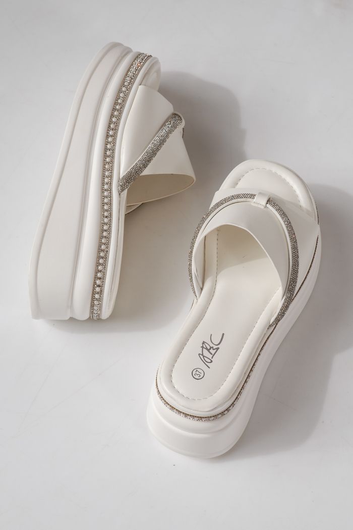 Дамски чехли с платформа бели от еко кожа Belina #24749