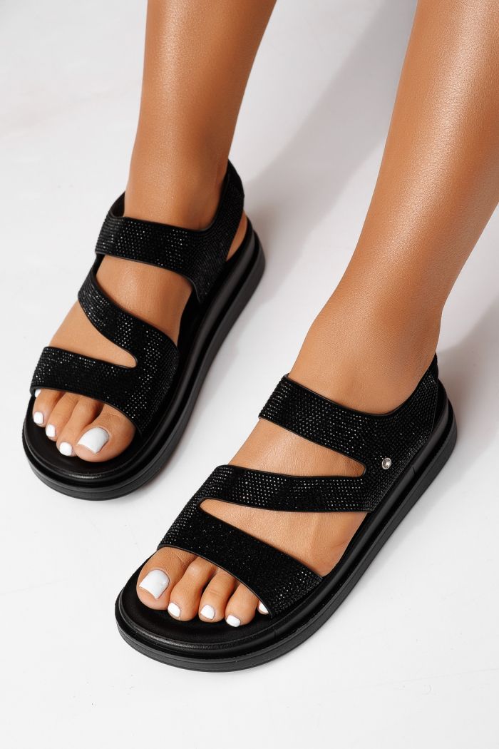 Дамски сандали с ниска подметка черни от еко кожа Azura #25122