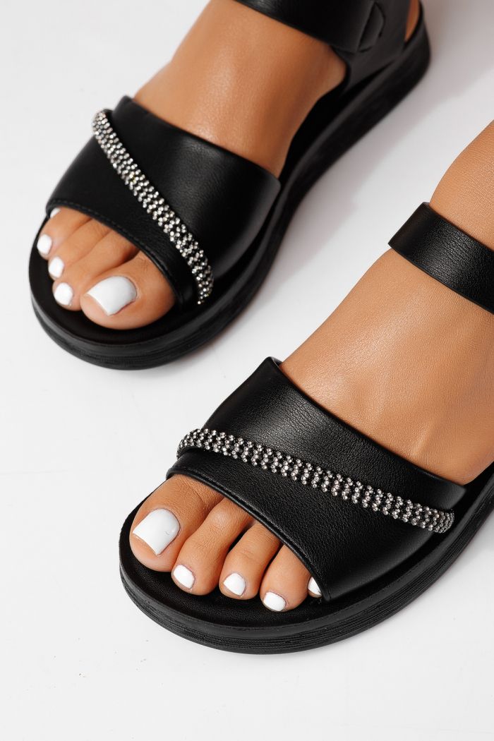 Дамски сандали с ниска подметка черни от еко кожа Liora #25123